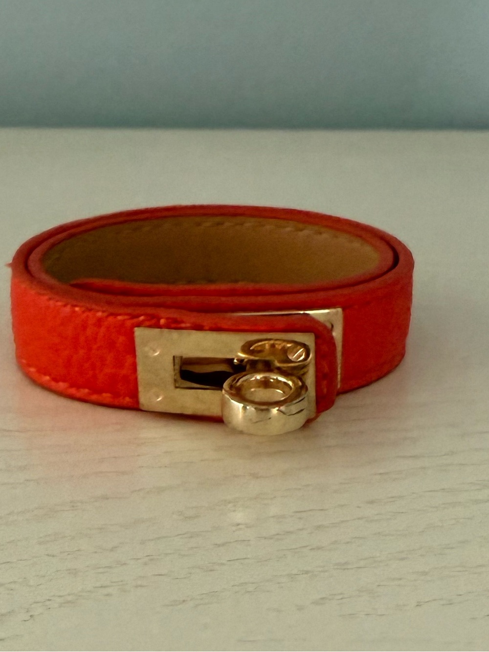 π H Orange βKellyβ Double Tour Wrap Around Leather Bracelet with Gold Hardware π§‘ - Picture 2 of 6